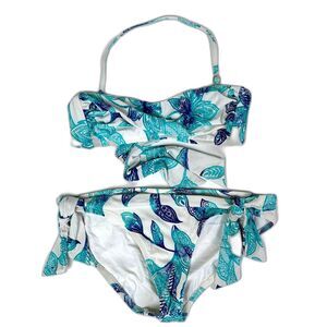 Helen Jon Aqua Blue White Bikini Halter Top Tie Bottom 2 Piece Swimsuit Sz S M